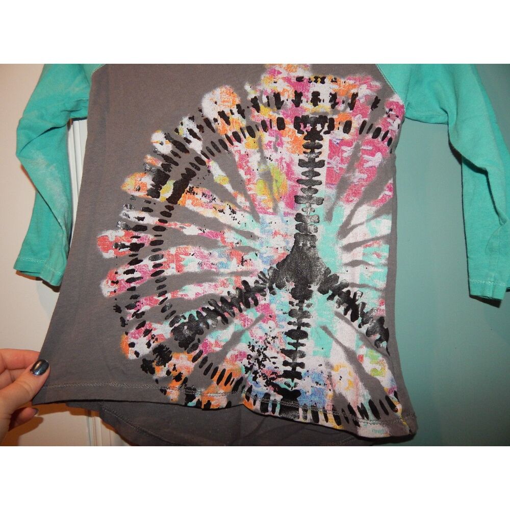 Mudd Girls 7/8 Charcoal Teal Peace Sign Hi‑Low Long Sleeve Top Vintage - Picture 4 of 11